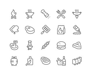 simple set of barbecue related vector line icons. 
contains such icons as steak, ribs, bonfire, gas and more. 
editable stroke. 48x48 pixel perfect. 