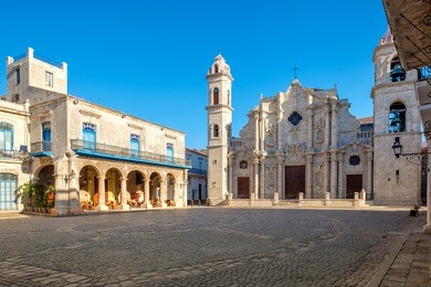 the cathedral of havana in cuba on a beautiful day with a clear blue sky
