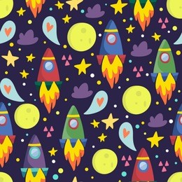 vector seamless pattern of space, rockets, stars, moon and clouds