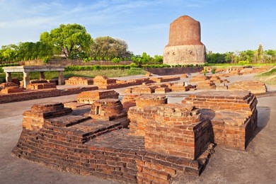 dhamekh stupa and panchaytan temple ruins, sarnath, varanasi, india 