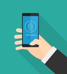 hand holding smart phone fingerprint security access.