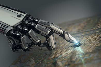 high detailed robotic hand touching digital circuit board with index finger. bionic technology in virtual world. 3d rendered image