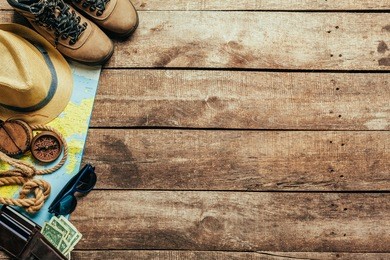 top view of travel equipment for a mountain trip