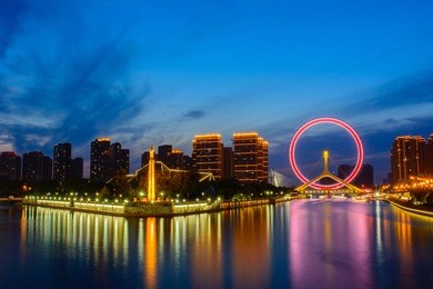 night scene cityscape of tianjin ferris wheel,tianjin eyes in twilight time.most modern and popular landmark in tianjin city.