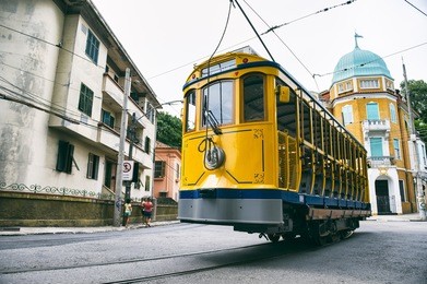 iconic bonde tram travels along the streets of the tourist nieghborhood of santa teresa in rio de janeiro, brazil 