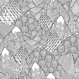 seamless pattern with mountains. adult coloring book page. black and white fantasy picture. fir trees and mountain views. eco theme. pattern for coloring book. hand-drawn, doodle, vector elements.