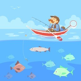 cartoon man on fishing boat, vector