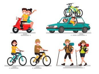leisure. young couple riding a bike, traveling, hiking involved. vector illustration of a flat design
