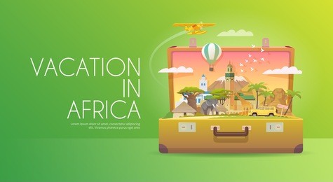 travel to africa. road trip. tourism. old suitcase with landmarks. advertising web banner. modern flat design.