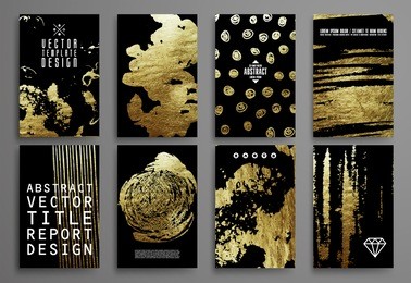 set of black and gold design templates for brochures, flyers, mobile technologies, applications, and online services, typographic emblems, logo, banners and infographic. abstract modern backgrounds. 