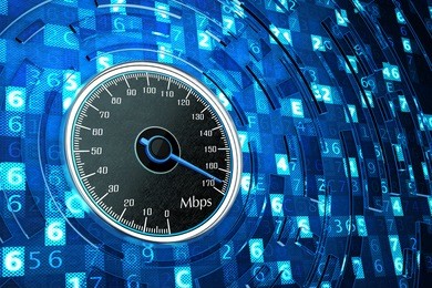 high speed internet connection, network performance and computer technology concept, speedometer dial on blue background with digital code data, 3d illustration