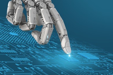 high detailed robotic hand touching digital circuit board with index finger. bionic technology in virtual world. 3d rendered image