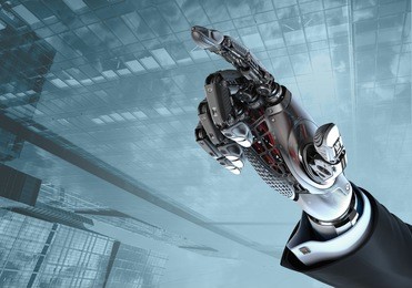 high detailed robotic hand in business suit touching virtual point with index finger. bionic technology in digital world. 3d rendered image