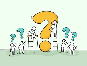 sketch of working little people with big question. doodle cute miniature scene of workers trying to solve problem. hand drawn cartoon vector illustration for business design.