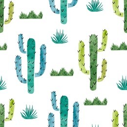 watercolor cactus seamless pattern. vector background with green and blue cactus isolated on white. 