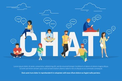 chat concept illustration of young people using mobile gadgets such as tablet pc and smartphone for texting messages each other via internet. flat big letters chat and guys and women standing near 