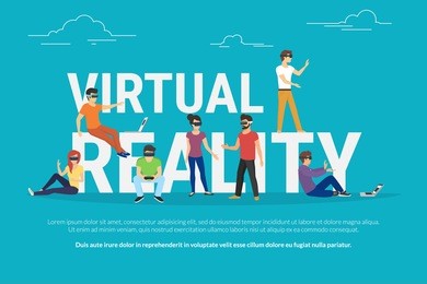 virtual reality concept illustration of young various people wearing virtual reality helmet for playing game and vr simulation. flat design of guys and women standing near big letters