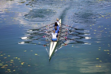 four women rowing on the tranquil lake