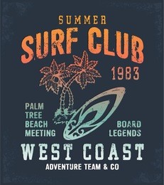 surf club multicolored print for t-shirt or apparel. retro artwork with summer and beach elements and typography. old school vector for fashion and printing. vintage effects are easily removable. 