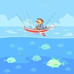 cartoon man no fishing boat, vector
