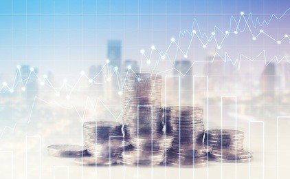 rows of coins for finance and banking concept with forex graph on the business background. a metaphor of international financial consulting