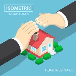 isometric businessman hands protecting the house, real estate insurance, home insurance concept