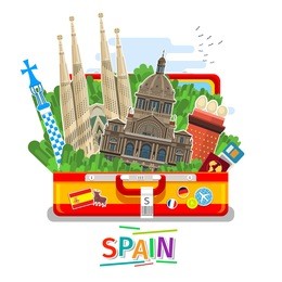 concept of travel to spain or studying spanish. spanish flag with landmarks in open suitcase. flat design, vector illustration
