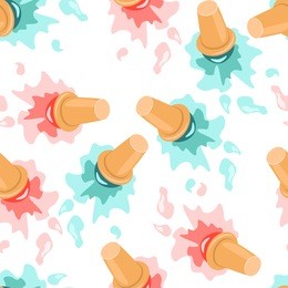 seamless vector pattern of dropped ice cream cones on white background. melting scoops with strawberry and pistache flavors. it is perfect for printing onto fabric or food packaging. 