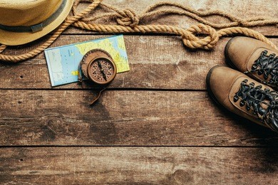 top view of travel equipment for a mountain trip