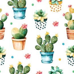 seamless watercolor texture with cactus plant and succulent plant in pot.seamless texture with high quality hand painted watercolor elements.perfect for your project,cover,wallpaper,pattern,gift paper