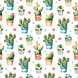 seamless watercolor texture with cactus plant and succulent plant in pot.seamless texture with high quality hand painted watercolor elements.perfect for your project,cover,wallpaper,pattern,gift paper