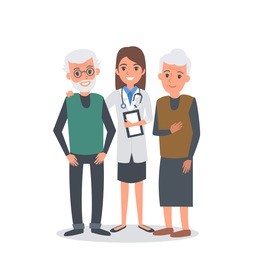 doctor with elderly patients. vector concept illustration.