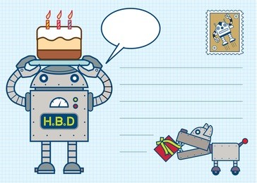 robot happy birthday postcard vector graphic illustration