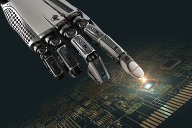 high detailed robotic hand touching digital circuit board with index finger. bionic technology in virtual world. 3d rendered image