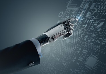 high detailed robotic hand in business suit touching virtual point with index finger. bionic technology in digital world. 3d rendered image