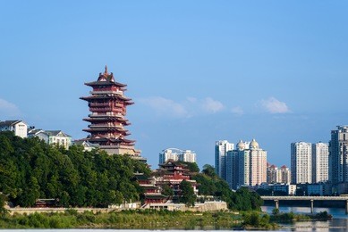 the tower under the blue sky.
