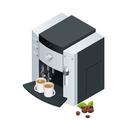 coffee machine makes two coffee with coffee beans on write background. flat 3d isometric vector illustration. for infographics and design. 