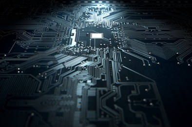 a 3d render of a macro view of a circuit board on a dark isolated studio background