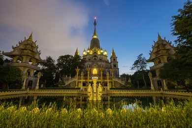 buu long pagoda at district 9, ho chi minh city, vietnam by night.