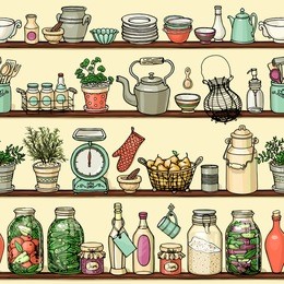 rustic kitchen vector seamless pattern. colorful cooking items background. side view kitchen shelves with food and dishes. set of hand-drawn kitchenware borders for design