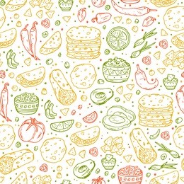 mexican tradition food vector seamless pattern. hand drawn doodle corn tortilla, taco, burritos, guacamole, nachos corn chips, vegetables