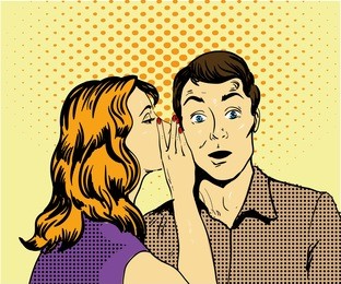 vector illustration with woman whispering to a man, pop art comic style