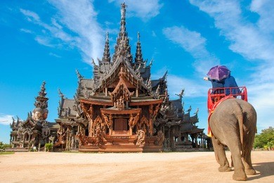 pattaya, thailand: thai temple elephant rides.visitors to the renowned sanctuary of truth in pattaya, thailand enjoy an elephant ride conducted by guides around the temple grounds.