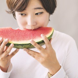 asian girl eating watermelon fruit sweet dessert concept