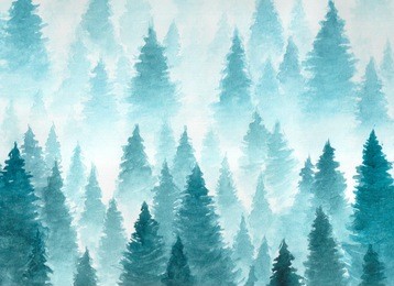 hand drawn watercolor painting of winter forest landscape. vector taiga