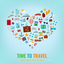heart silhouette with travel flat icons. travel and tourism concept. vector illustration