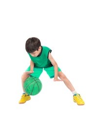 little boy playing green basketball in green pe uniform sport  with clipping path isolate on white background