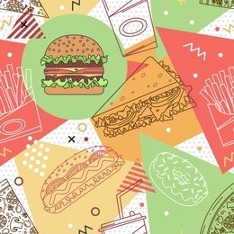 fast food seamless pattern. trendy geometric elements memphis cards. texture, pattern and geometric elements. elements on the theme of the restaurant business. vector illustration.