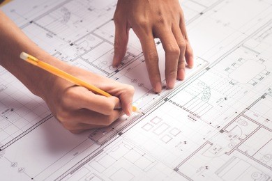 architecture drawing on blueprint architectural concept, soft focus