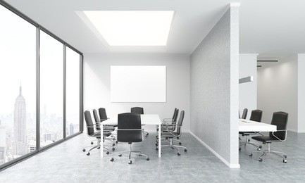 concrete conference room interior design with blank whiteboard and new york city view. mock up, 3d rendering